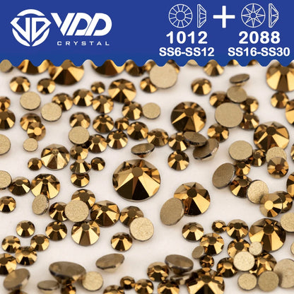 VDD Piedras Preciosas de Cristal Doradas de Fondo Plano – 2088 Cristales de Strass para Arte de Uñas, Manualidades y Decoraciones DIY