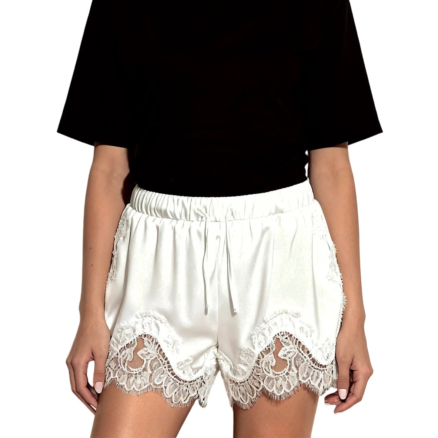 Pantalones cortos de mujer con cordón elástico en la cintura y patchwork de encaje, informales para el verano y el descanso