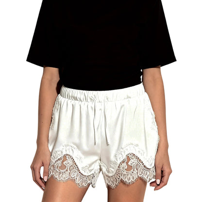 Pantalones cortos de mujer con cordón elástico en la cintura y patchwork de encaje, informales para el verano y el descanso