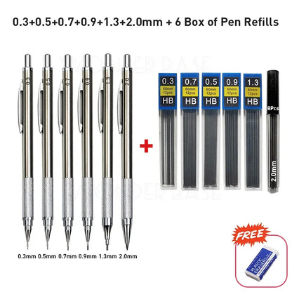 Crayon mécanique entièrement métallique de 0,3/0,5/0,7/0,9/1,3/2,0/3,0 mm – Crayon de dessin technique de précision pour l'esquisse, le dessin, la peinture, l'art, les fournitures de bureau et scolaires