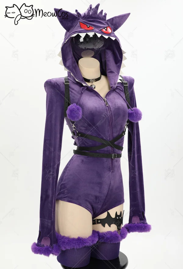 Meowcos Genga Cosplay Costume – Purple Ghost Romper Bodysuit | Hooded Plush Outfit with Belt, Tail & Socks (Halloween / Women)