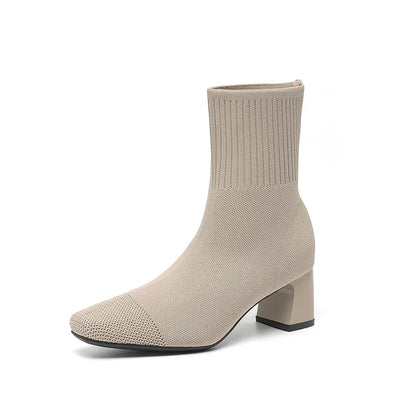 Women's Knitted Sock Boots – Pointed Toe High Heel Mid-Calf Boots, Stretch Fabric Slip-On Design for Spring & Autumn, Plus Size 43