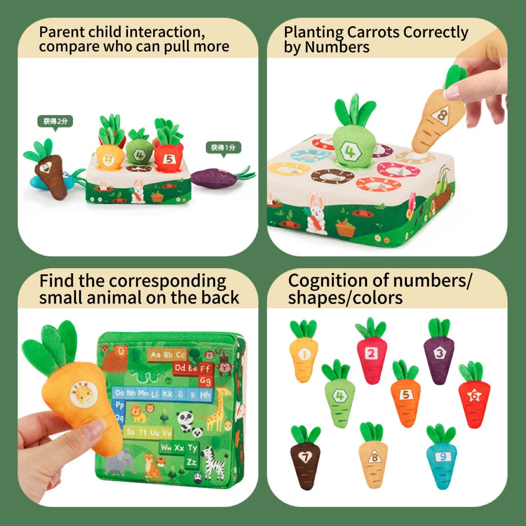Montessori Wooden Carrot Harvest Toy Color, Number, Shape & Animal Matching Educational Toy
