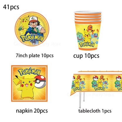 Pokémon Birthday Party Decorations Set – Balloons, Keychains, Napkins, Stickers, Tableware, Plates & Tablecloth Party Supplies & Favors
