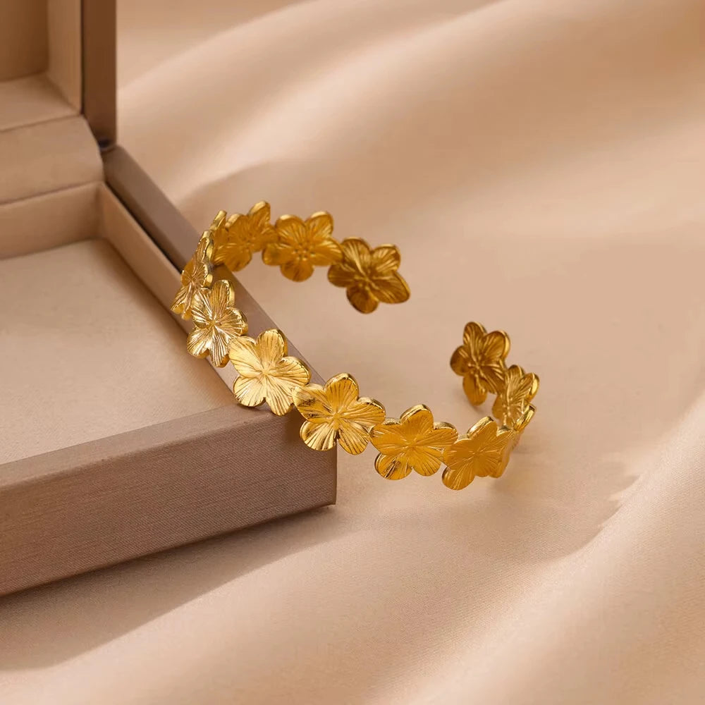 Stainless Steel Open Flower & Leaf Bangle Bracelet – Gold Geometric Cuff Bracelet for Women & Men | Minimalist Fashion Jewelry
