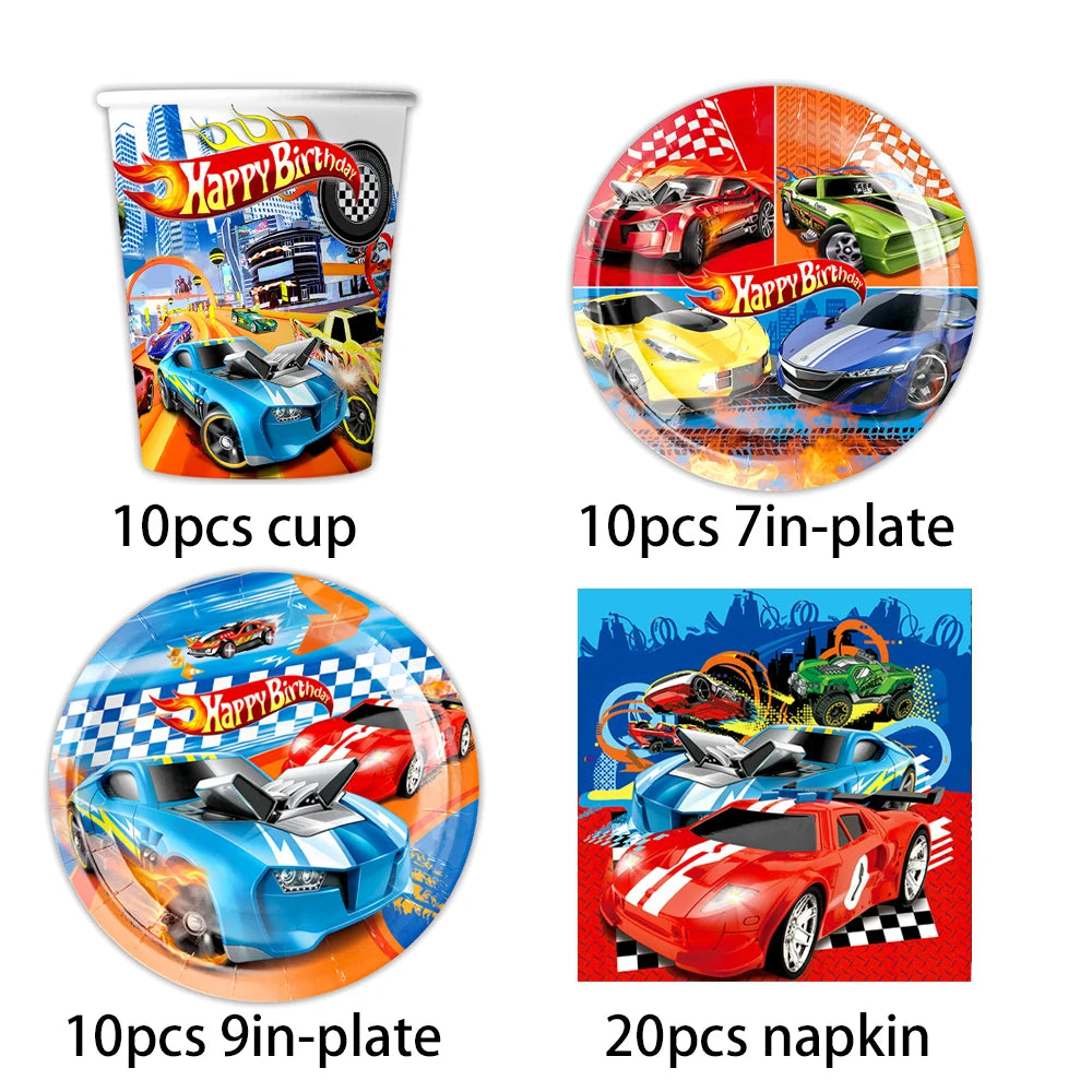 Happy Wheels Racing Party Tableware Set – Racing-Themed Paper Cups, Plates & Banner Decorations with Party Favors for Boys' Birthdays