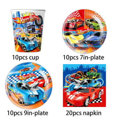 Happy Wheels Racing Party Tableware Set – Racing-Themed Paper Cups, Plates & Banner Decorations with Party Favors for Boys' Birthdays