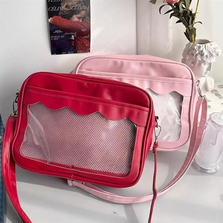 Bolso japonés Harajuku Ita – Bolso bandolera de piel sintética con bolsillo transparente para mujeres y estudiantes de secundaria, bolso de estilo uniforme JK, bolso de almacenamiento de moda Kawaii para coleccionistas y uso diario