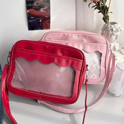 Bolso japonés Harajuku Ita – Bolso bandolera de piel sintética con bolsillo transparente para mujeres y estudiantes de secundaria, bolso de estilo uniforme JK, bolso de almacenamiento de moda Kawaii para coleccionistas y uso diario