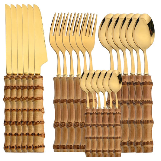 Juego de Cubiertos de 24 Piezas con Mango de Bambú – Juego de Cubiertos de Acero Inoxidable con Mangos de Madera Natural, Utensilios de Vajilla para Cocina, Comedor, Carne y Mesa