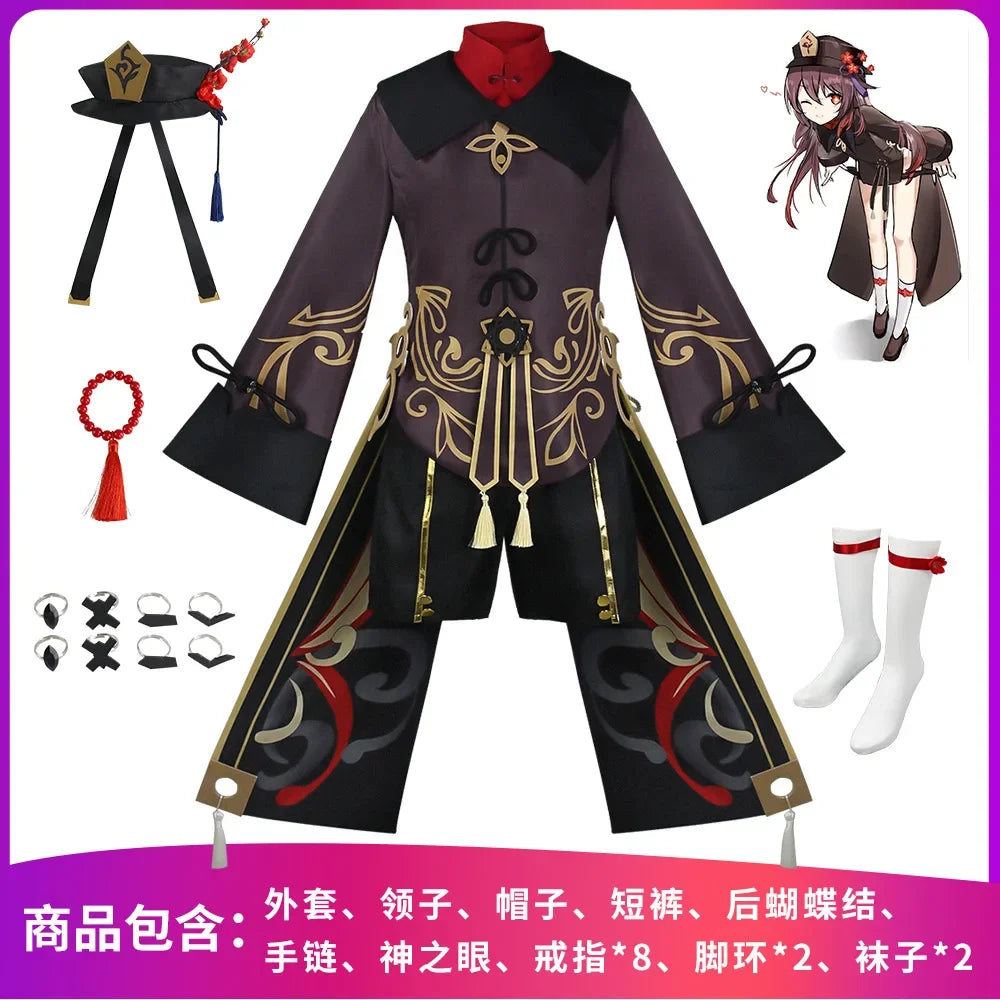 Hu Tao Cosplay Costume Uniforme, Costumes Deluxe, Robe, Chapeau, Chaussettes, Perruque, Accessoires, Bagues, Tenues Hutao