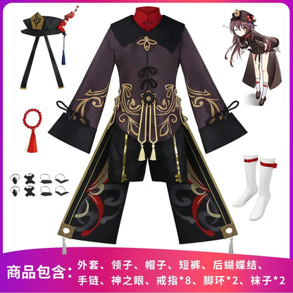 Hu Tao Cosplay Costume Uniforme, Costumes Deluxe, Robe, Chapeau, Chaussettes, Perruque, Accessoires, Bagues, Tenues Hutao