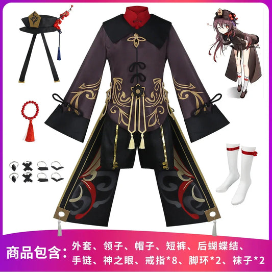 Disfraz de cosplay de Hu Tao Uniforme, Disfraces de lujo, Túnica, Sombrero, Calcetines, Peluca, Accesorios, Anillos, Atuendos de Hutao