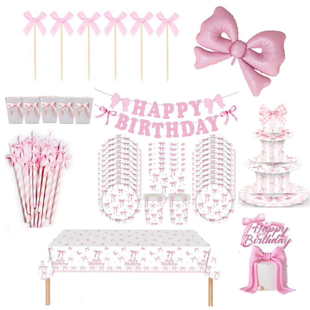 Kit de Fête d'Anniversaire Rose – Thème Princesse Bannière, Ballons Nœud, Pailles, Assiettes en Papier Jetables, Serviettes et Gobelets Vaisselle Décorations pour Fêtes d'Anniversaire de Filles