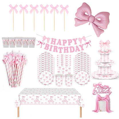 Kit de Fête d'Anniversaire Rose – Thème Princesse Bannière, Ballons Nœud, Pailles, Assiettes en Papier Jetables, Serviettes et Gobelets Vaisselle Décorations pour Fêtes d'Anniversaire de Filles