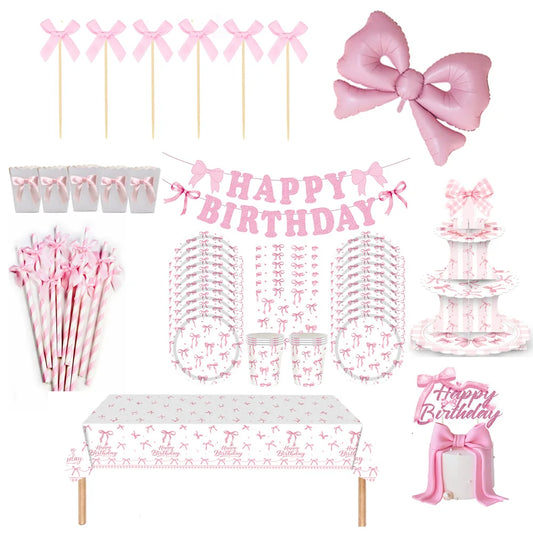 Set de Artículos para Fiesta de Cumpleaños Rosa – Pancarta Temática de Princesas, Globos de Moño, Pajitas, Platos de Papel Desechables, Servilletas y Vasos, Decoración de Vajilla para Celebraciones de Cumpleaños de Niñas