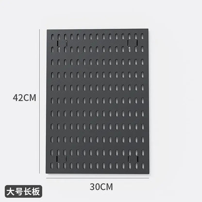 Organizador de pared de tablero perforado sin taladros – Panel de almacenamiento modular con estantes y accesorios para cocina, baño y sala de juegos