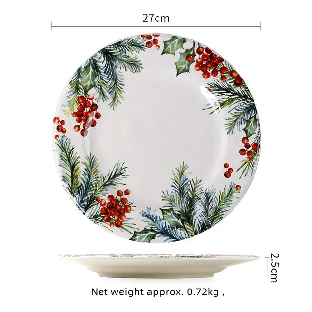 Christmas Ceramic Dinner Plate Set – Round Underglaze Flat Plates for Dim Sum, Sushi, Dining & Decorative Tableware