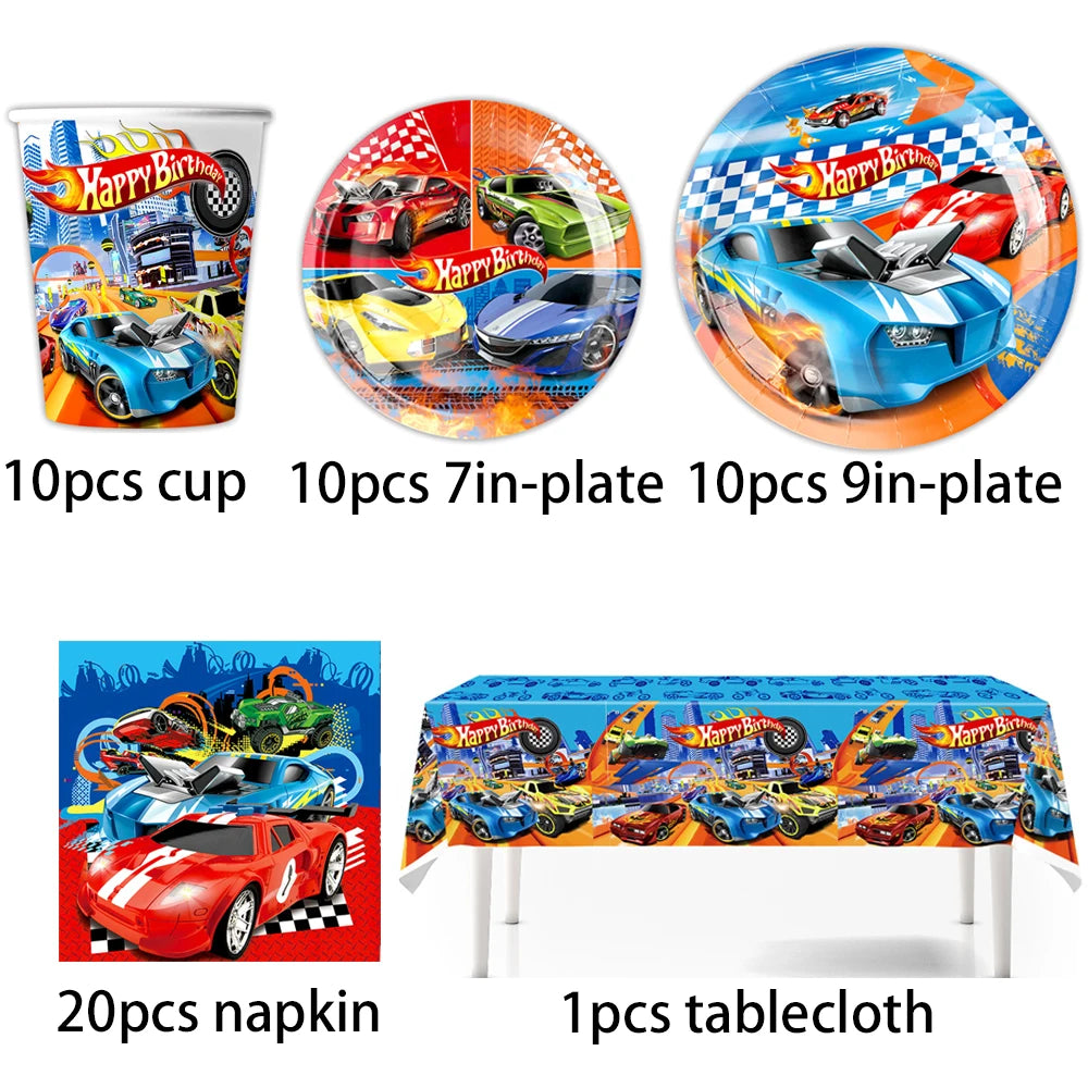 Happy Wheels Racing Party Tableware Set – Racing-Themed Paper Cups, Plates & Banner Decorations with Party Favors for Boys' Birthdays