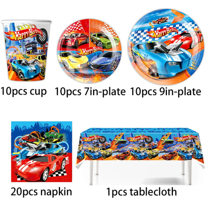Happy Wheels Racing Party Tableware Set – Racing-Themed Paper Cups, Plates & Banner Decorations with Party Favors for Boys' Birthdays