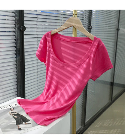 2026 Summer Women’s 100% Cotton Slim T-Shirt Casual Basic O-Neck Solid Korean Style Tee 16 Colors
