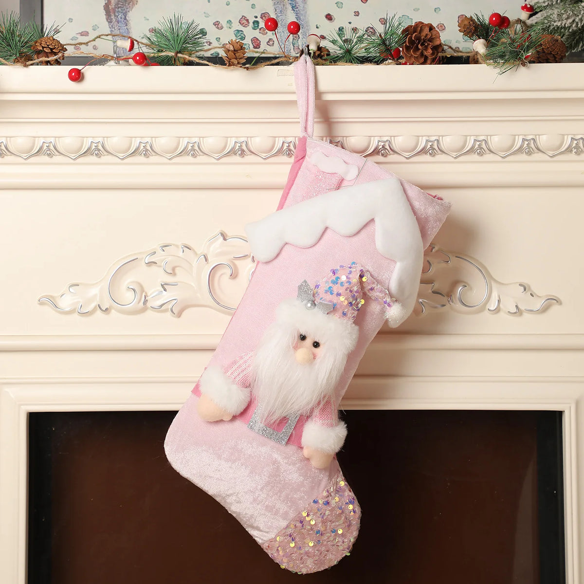 Pink Christmas Stockings – Santa Claus, Snowman & Reindeer Holiday Stocking Decorations for Family, Xmas Parties, Navidad & Home Decor