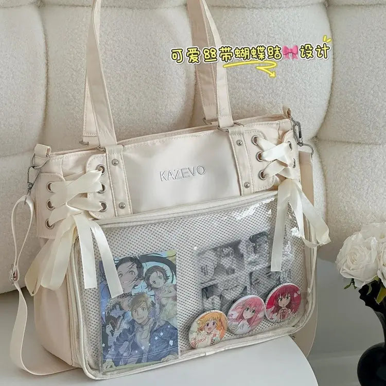 Bolso Bandolera con Lazo Estilo Universitario – Bolso de Hombro de Gran Capacidad para Chicas, Bolso Ita de Moda JK, Bolso de Mano con Acento de Lazo para Libros Escolares, Material Escolar y Uso Diario