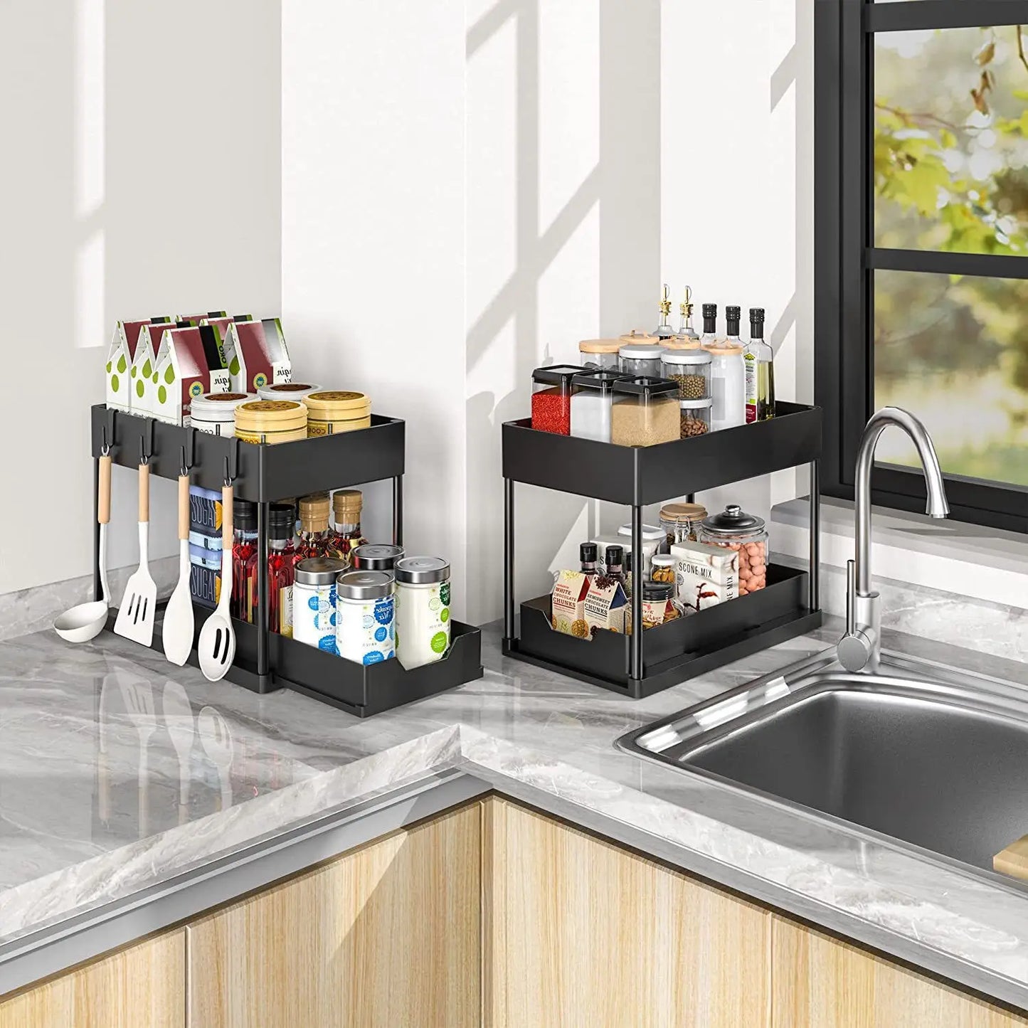 2-Tier Kitchen Sink Organizer – Sliding Cabinet Basket with Hooks & Cups for Space-Saving Storage