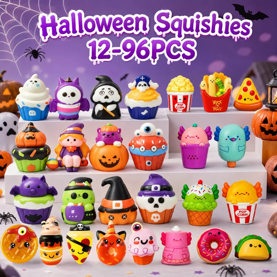 12-96PCS Halloween Squishy Toys Bulk Stress Relief Toys Non Candy Trick or Treat Party Favors Halloween Gifts for Kids