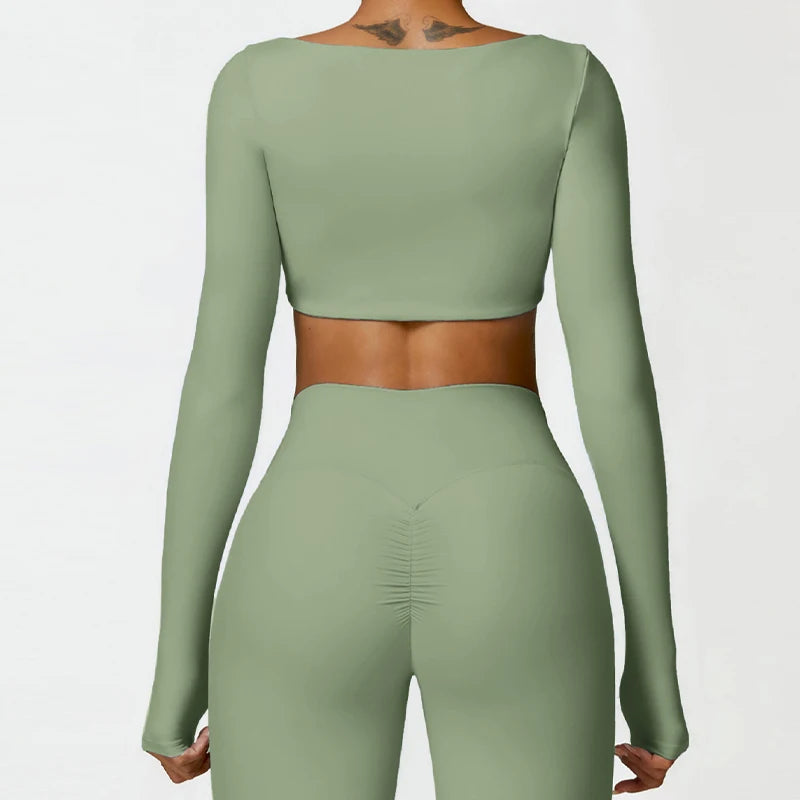 Women’s Square Neck Sports Crop Top – Long Sleeve Quick-Dry Gym Yoga Fitness Activewear