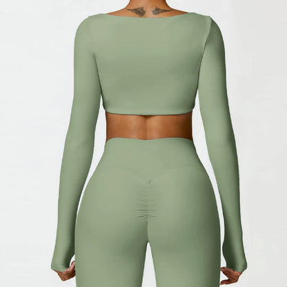 Women’s Square Neck Sports Crop Top – Long Sleeve Quick-Dry Gym Yoga Fitness Activewear
