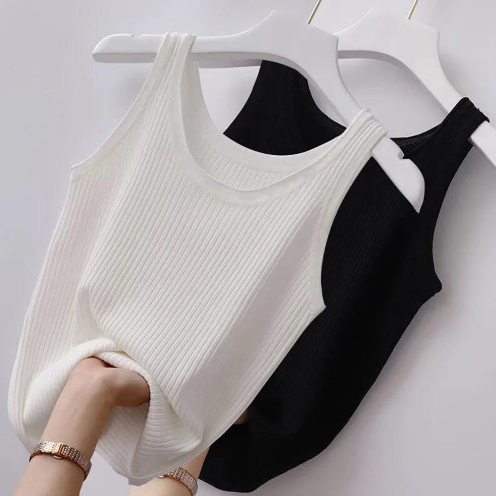 Haut court décontracté basique en tricot à col en U sans manches et de couleur unie pour femme, idéal pour l'automne