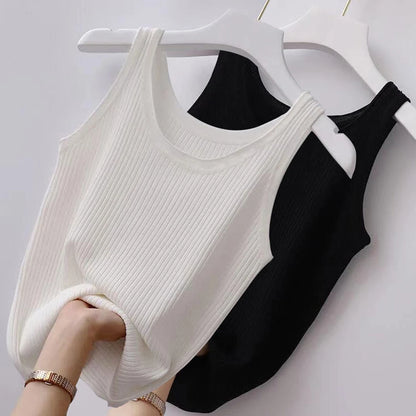Haut court décontracté basique en tricot à col en U sans manches et de couleur unie pour femme, idéal pour l'automne