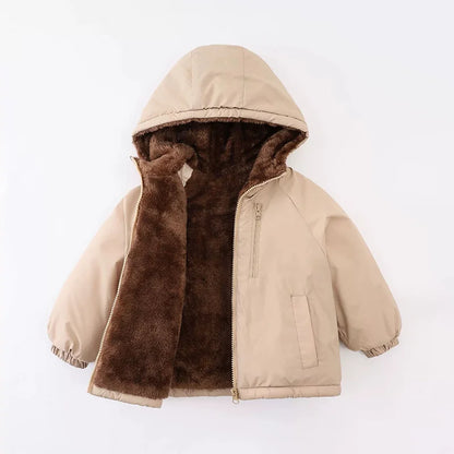Kids Double-Sided Fleece Hooded Jacket, Thick Warm Winter Cotton-Padded Coat for Boys and Girls Ages 3-8, Solid Color Autumn Outerwear