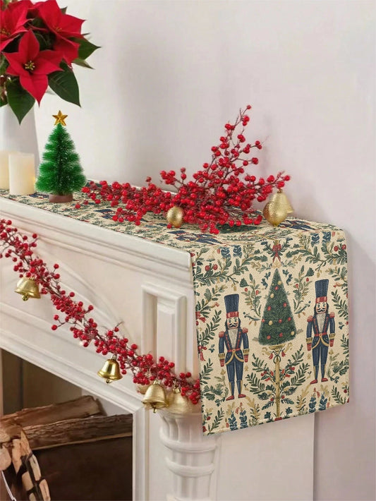 JIT 1PC Christmas Table Runner – Vintage Nutcracker & Christmas Tree Pattern Table Decor for Dining Table, Holiday Party & Home