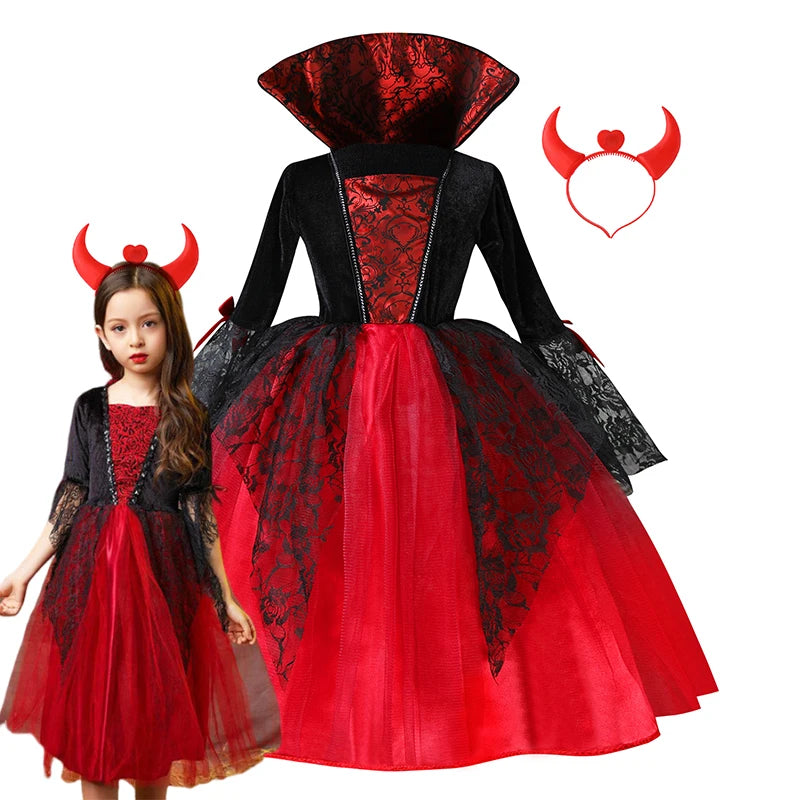 Girls’ Vampire Devil Cosplay Costume Set – Complete Halloween Party Outfit with Accessories, Holiday Dress-Up Costume & Gift