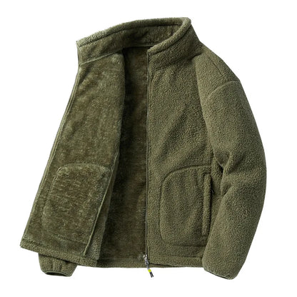 Men’s Winter Fleece Jacket – Solid Color Loose-Fit Warm Coat with Stand Collar, Casual Harajuku Streetwear Outerwear, Plus Size