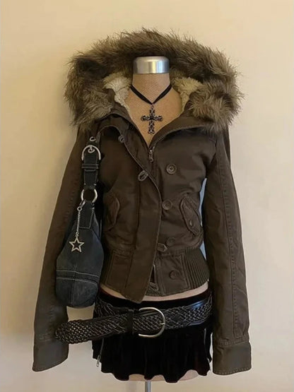 Women’s Harajuku Vintage Safari Jacket – Hooded Zip-Up Sweatshirt, Y2K Grunge Streetwear Coat with Stand Collar