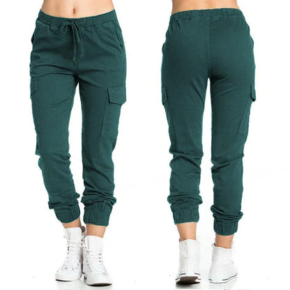 Women's Cargo Jogger Pants – Solid Color Multi-Pocket Drawstring Trousers with Elastic Waist, Casual Sportswear & Streetwear Long Pants