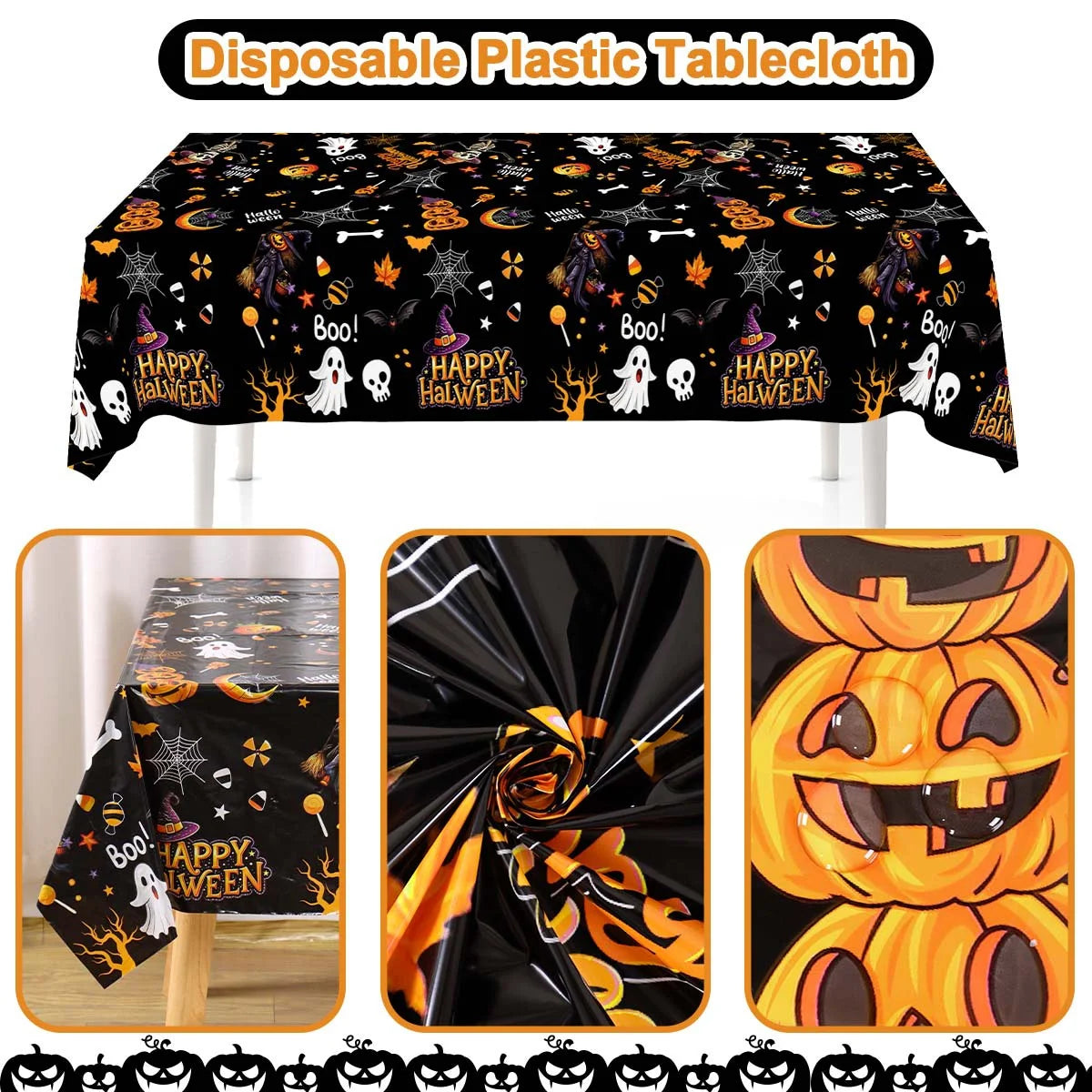 130×220CM Halloween Disposable Plastic Tablecloth – Black Ghost, Skeleton & Witch Pattern Table Cover for Halloween Party Supplies