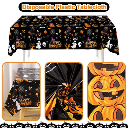 130×220CM Halloween Disposable Plastic Tablecloth – Black Ghost, Skeleton & Witch Pattern Table Cover for Halloween Party Supplies