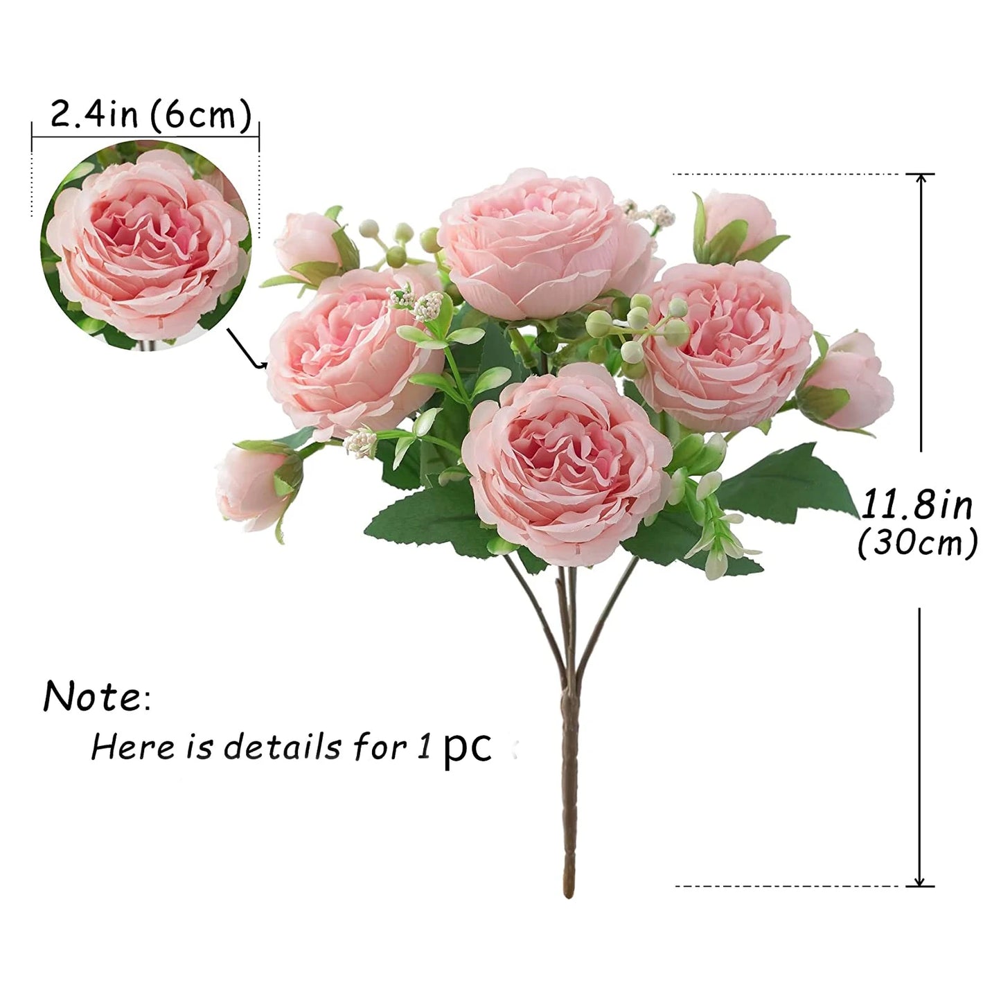 30cm Pink Silk Peony Rose Bouquet – Artificial Flower Arrangement with 5 Large Blooms & 4 Buds, Realistic Faux Floral Bouquet for Wedding, Bridal Décor, Home Decoration & DIY Crafts