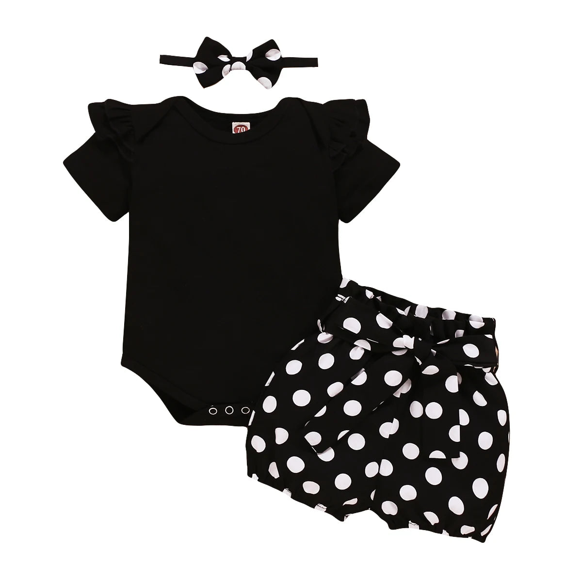 Baby Girl 3PCS Summer Outfit Set – Short Sleeve Bodysuit, Polka Dot Shorts & Headband for Infants