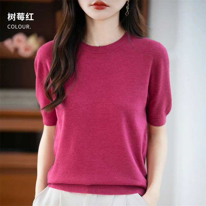 Women's 100% Wool Knitted Sweater – O-Neck Short-Sleeve Pullover, Warm Basic Casual Top for Fall & Winter, Available in 22 Colors