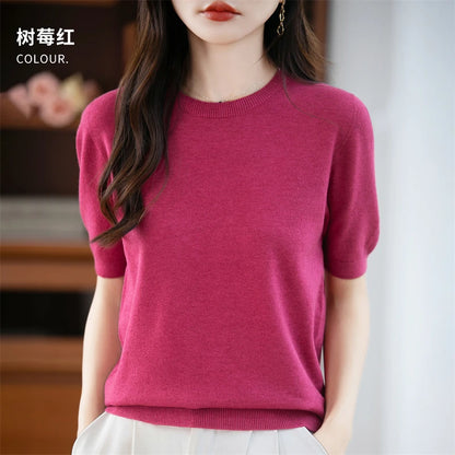 Women's 100% Wool Knitted Sweater – O-Neck Short-Sleeve Pullover, Warm Basic Casual Top for Fall & Winter, Available in 22 Colors
