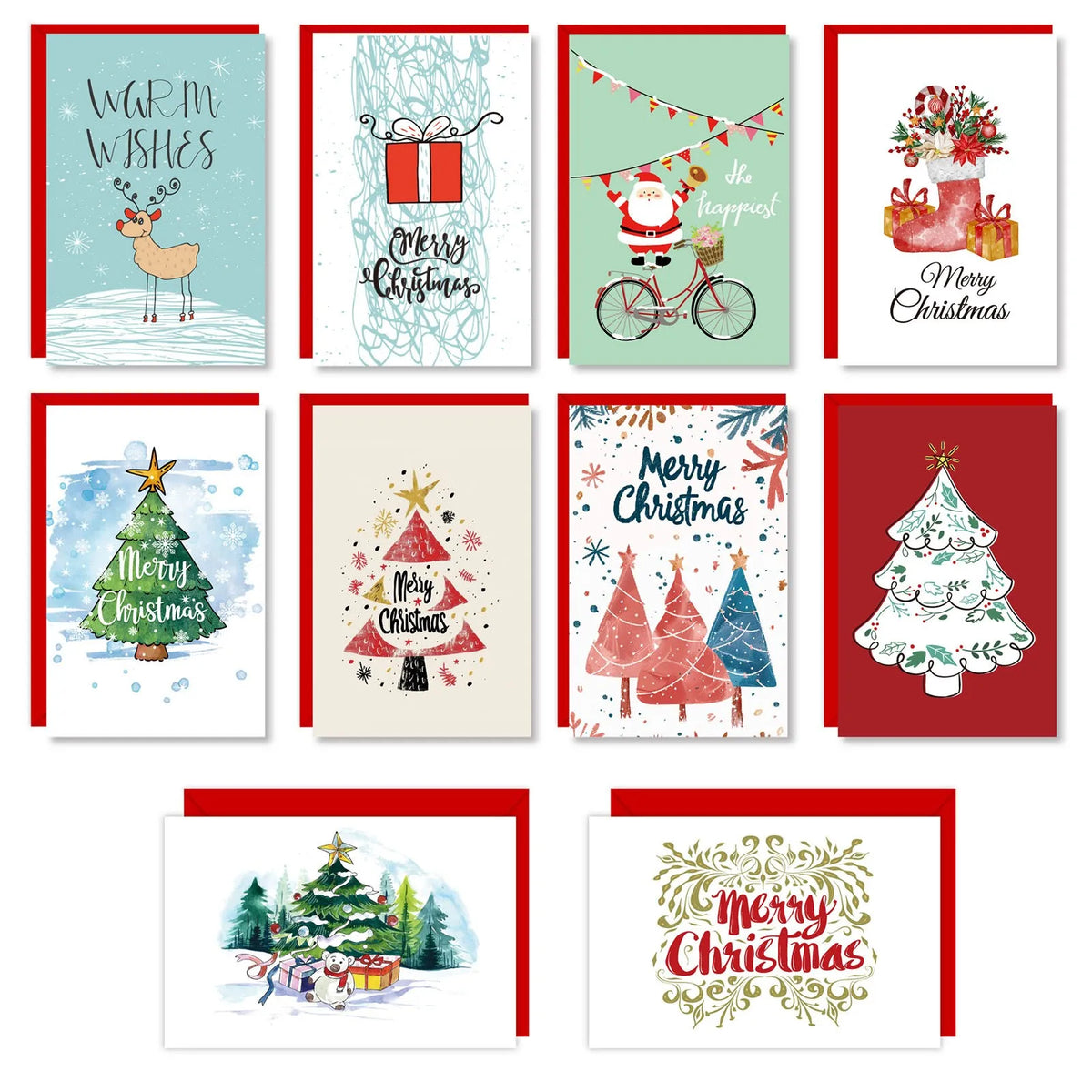 10PCS Christmas Fold Greeting Cards with Envelopes – Merry Christmas & New Year DIY Gift Cards for Xmas Party Decor