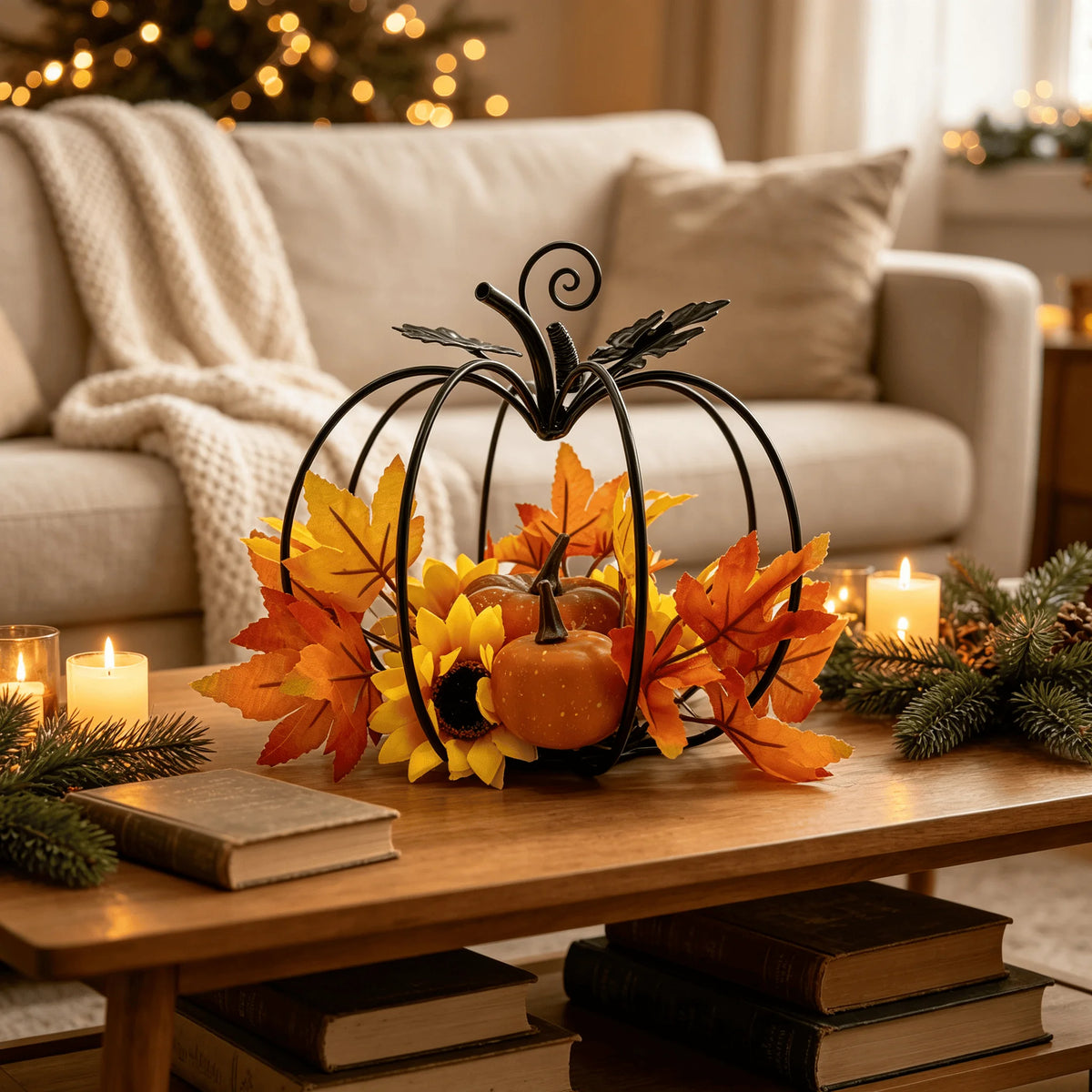 Black Iron Pumpkin Decoration – Autumn Harvest Desktop Decor with Artificial Maple Leaves, Sunflower & Pumpkin Accents for Thanksgiving