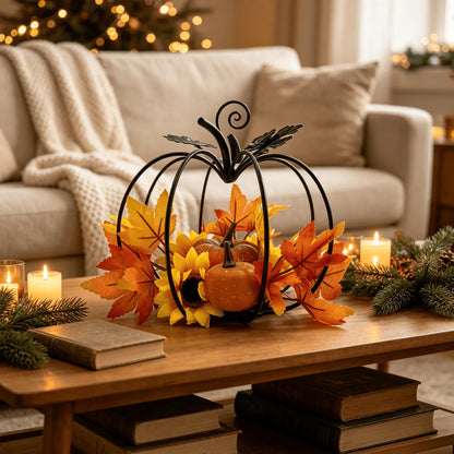 Black Iron Pumpkin Decoration – Autumn Harvest Desktop Decor with Artificial Maple Leaves, Sunflower & Pumpkin Accents for Thanksgiving