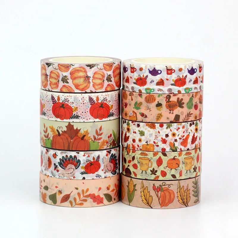 1PC 10M Fall Washi Tape – Pumpkin, Maple Leaves, Corn, Turkey & Sunflower Decorative Masking Tape for Scrapbooking, Planners & Stationery