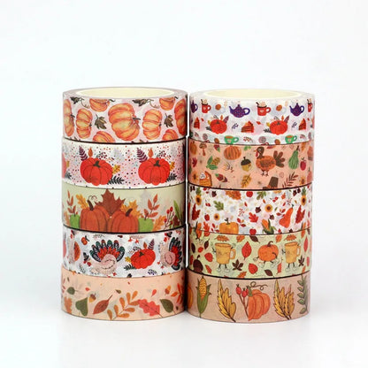 1PC 10M Fall Washi Tape – Pumpkin, Maple Leaves, Corn, Turkey & Sunflower Decorative Masking Tape for Scrapbooking, Planners & Stationery